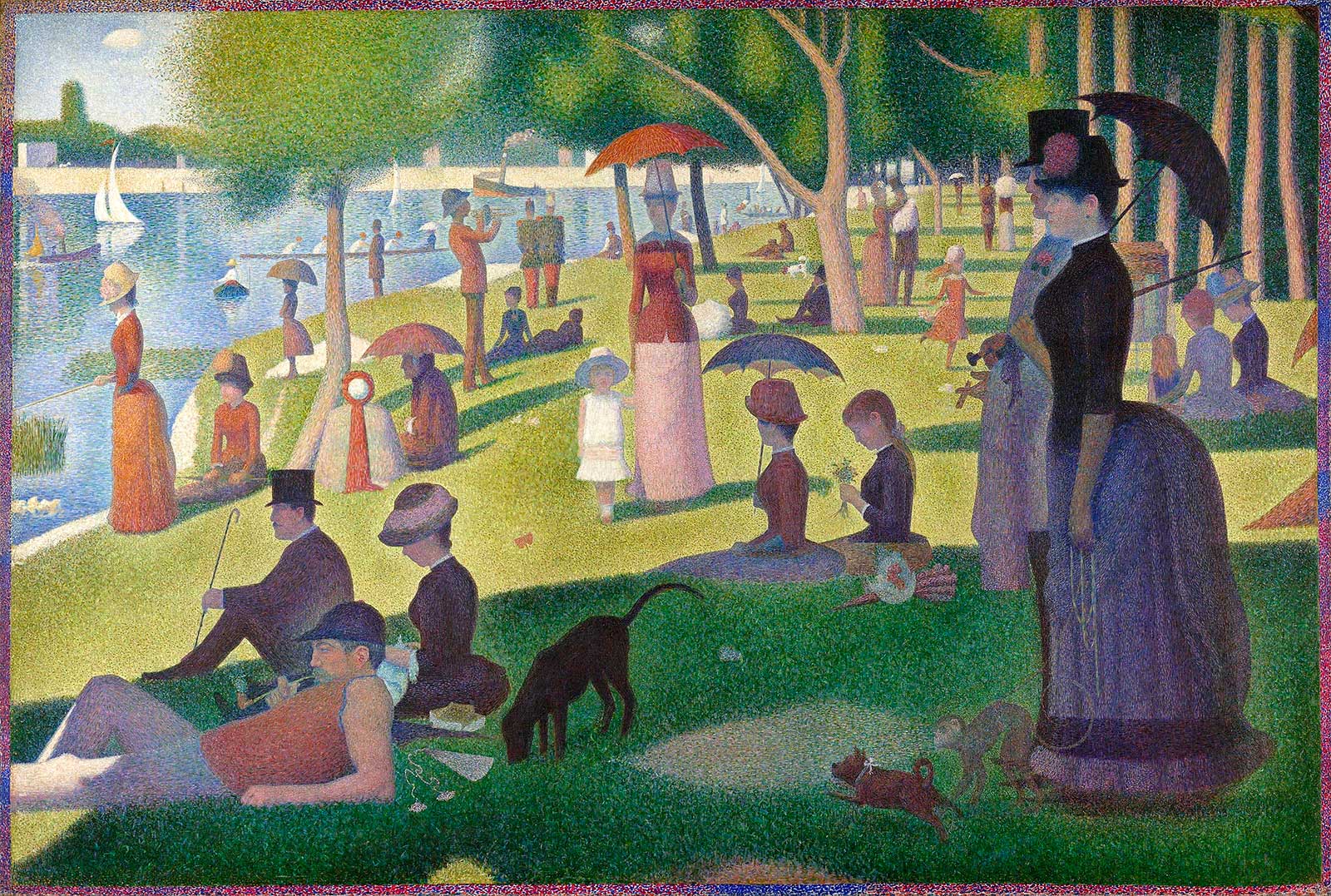 Detalj fra Georges Seurats maleri En s&oslash;ndag ettermiddag p&aring; &oslash;ya La Grande Jatte, malt i pointillisme-teknikk med sm&aring; fargede prikker.