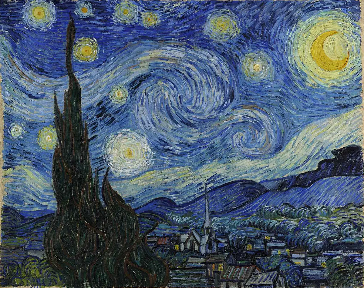 Vincent van Goghs maleri Stjernenatt fra 1889, med virvlende bl&aring; nattehimmel over en liten by med kirket&aring;rn og sypresser i forgrunnen.