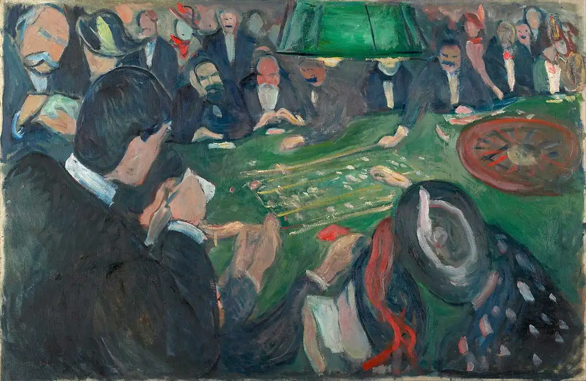 Edvard Munchs maleri Ved ruletten i Monte Carlo fra 1892, som viser en tett gruppe velkledde menn og kvinner samlet rundt et rulettbord, alle med intens konsentrasjon rettet mot spillet.
