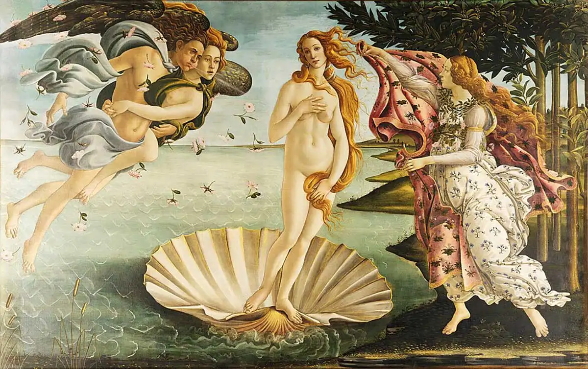 Sandro Botticellis maleri Venus' f&oslash;dsel fra ca. 1485, som viser gudinnen Venus stigende opp fra havet st&aring;ende p&aring; en skjell, omgitt av vindguder til h&oslash;yre og en av &aring;rstidens gudinner til venstre.