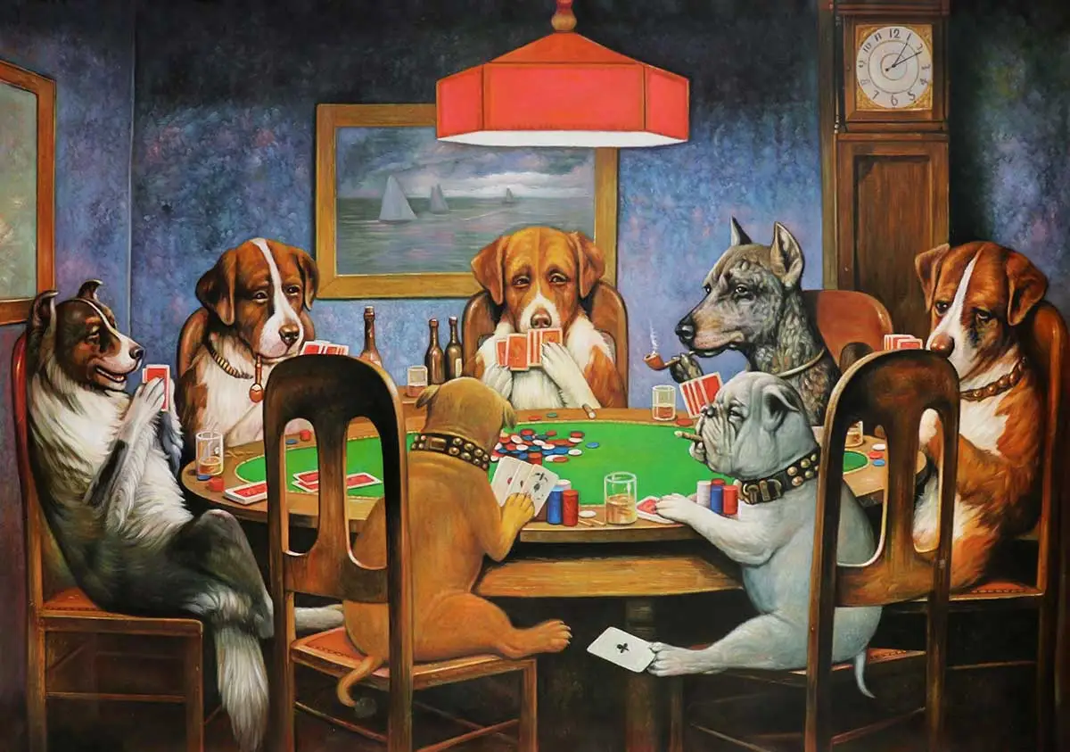 Cassius Marcellus Coolidges maleri A Friend in Need fra 1903, som viser en gjeng antropomorfiserte hunder som spiller poker rundt et bord, med en bulldog i forgrunnen som i hemmelighet gir en makker et ess under bordet.