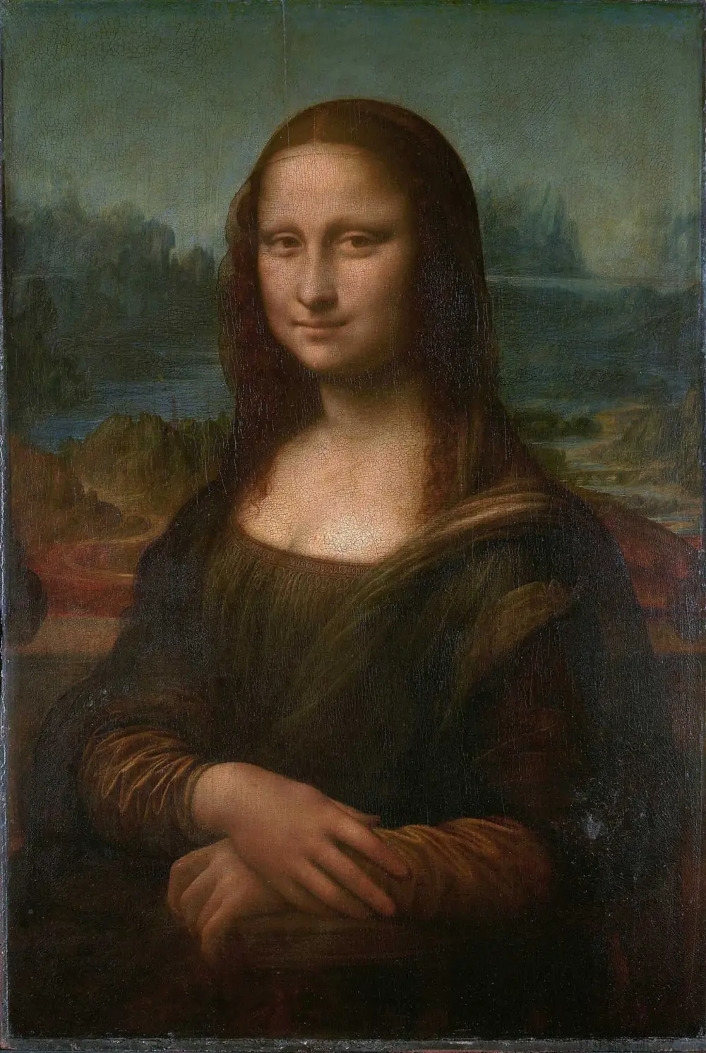 Leonardo da Vincis maleri Mona Lisa fra tidlig 1500-tall, et portrett av en kvinne med et gåtefullt smil foran et fjernt landskap.
